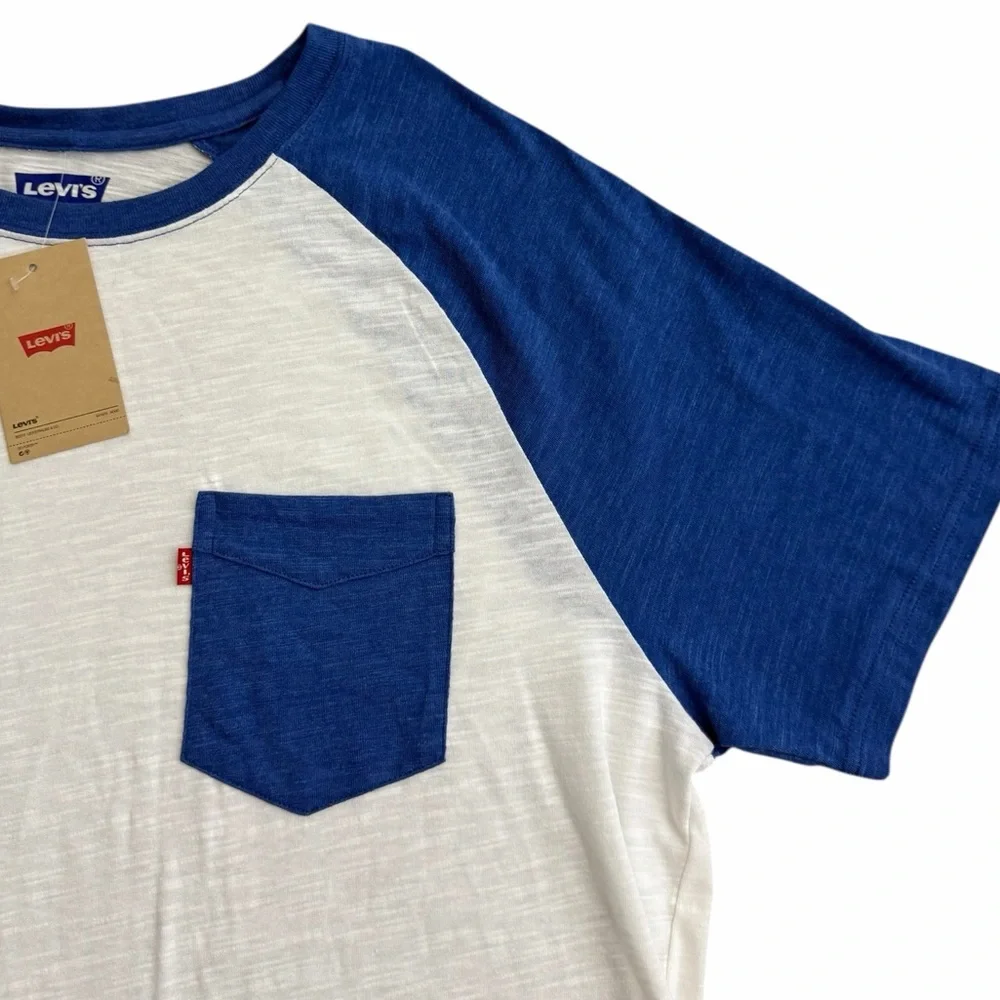 Levi’s Men’s Raglan T-Shirt Size Large White Blue‎ Pocket Tee NWT